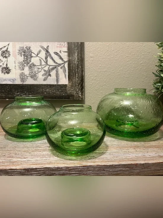 Green Glass Bubble Votive Holders - Set of 3