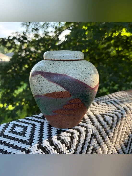 Vintage handmade stoneware speckled landscape pottery w lid