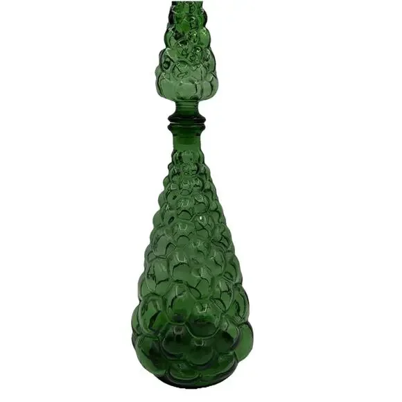 Vintage Italian Green Glass Genie Bottle Bulging Bubble Stopper MCM 60s 70s