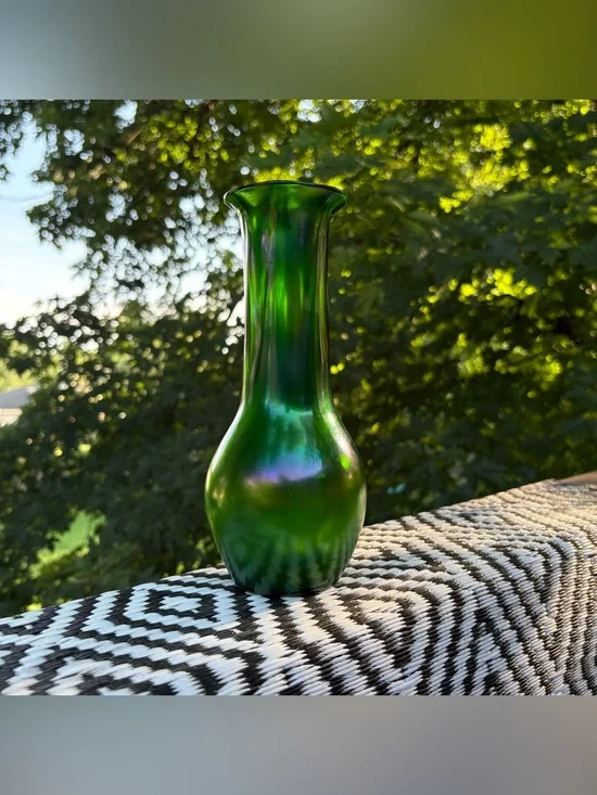 Vintage MCM green iridescent trumpet-neck vase