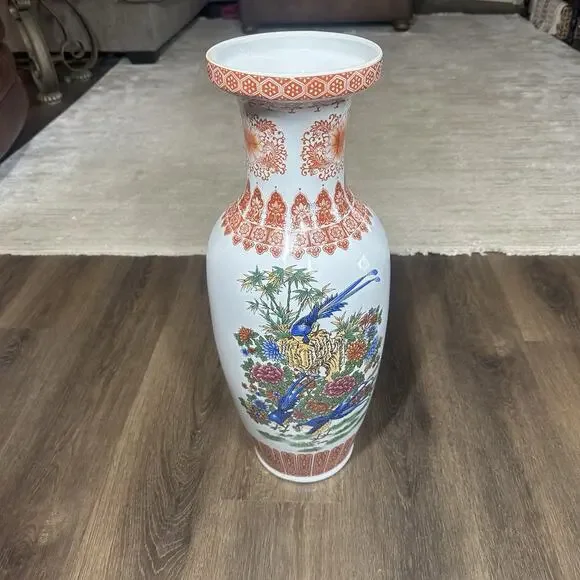 Vtg Peacock Vase Chinese Ceramic Baluster Urn Art Deco 1950s 24