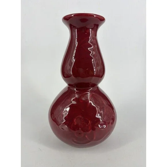 VTG Treasure Craft Ceramic Vase Red Maroon Glaze Floral Hibiscus
