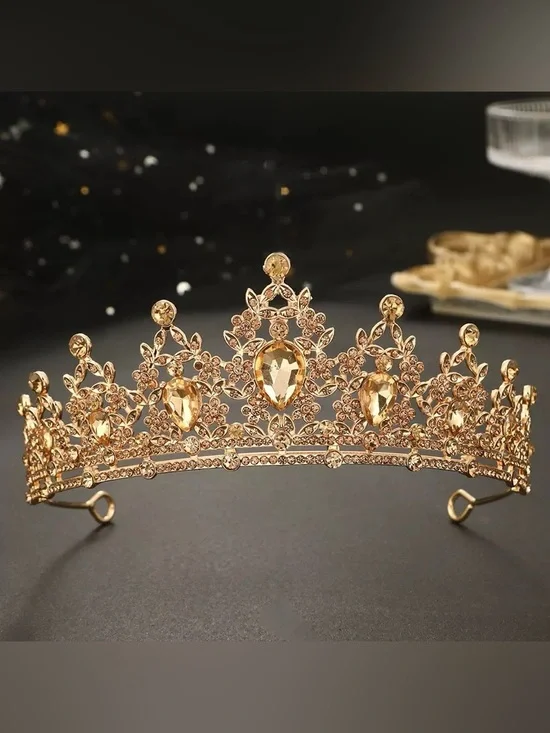 Gold Crystal Teardrop Bridal Tiara Crown for Women