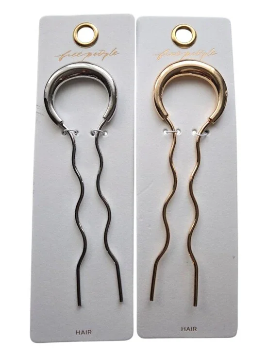 Free People Gold & Silver Wavy Hair Pin Set Minimalist Hair Accessories NWT