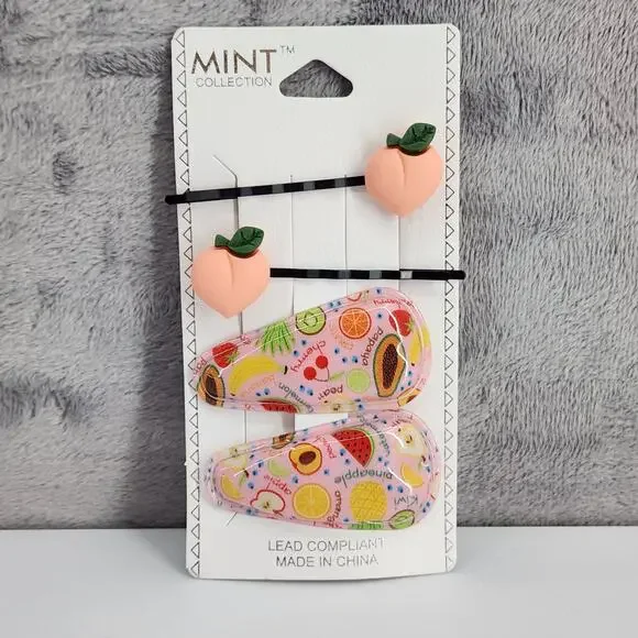 4 pc Fruit Hair Accessories 2 Peach bobby pins 2 Multi Fruit snap barrette clips