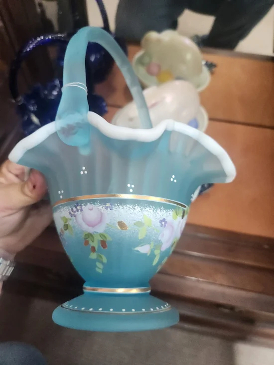 Fenton Aqua and White Hand-Painted Floral Glass Basket with Gold Trim