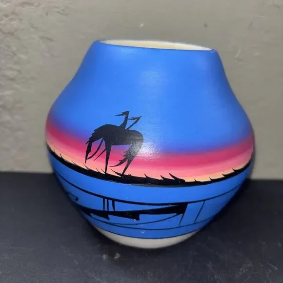Native American Hand Painted Vase Signed Approximately 5”x5”