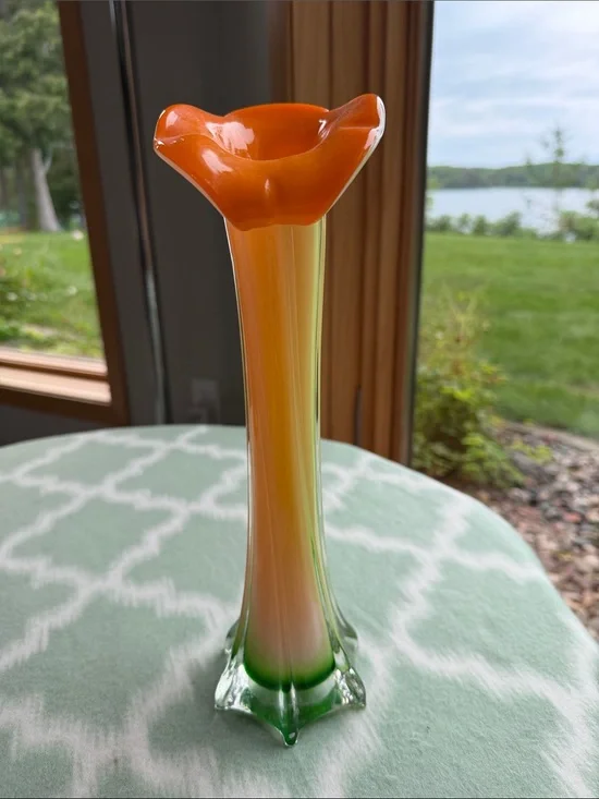 Vintage Italian Murano Jack in the Pulpit Art Glass Vase MCM Orange White Green
