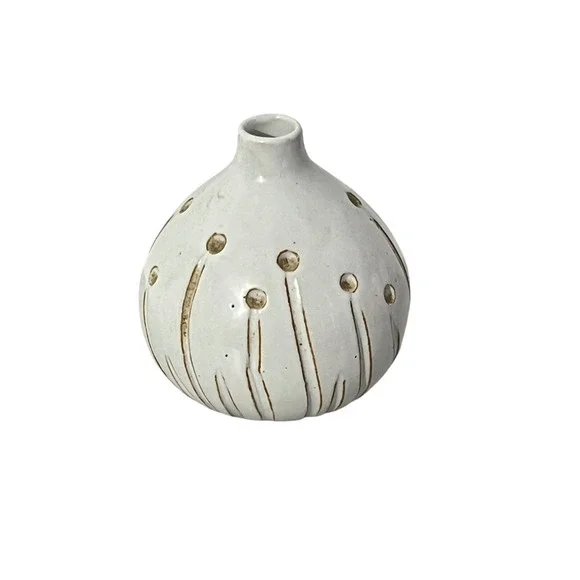 Unbranded‎ Ceramic Bud Vase Home Decor Small White Tan Hand Carved Stoneware