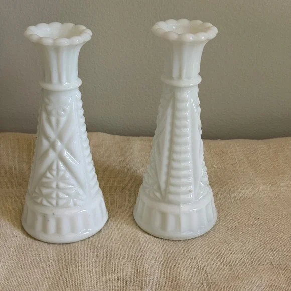 Vintage White Milk Glass Bud Vases Scalloped Rim Diamond Pattern Set of 2 MCM