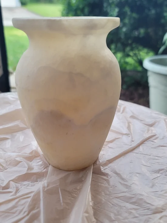 Hand Carved Stone/Alabaster Cream Low Urn Form Vase. Heavy
