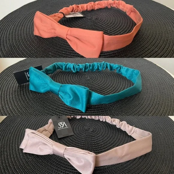 Saks Fifth Avenue Preppy Headband Teal Gray Orange Bow Elastic