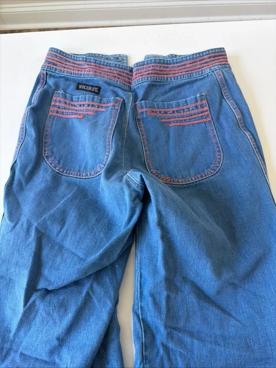 Vtg Viceroy Bell Bottom Jeans Womens Wide Leg Flare Orange Contrast Stitch Denim