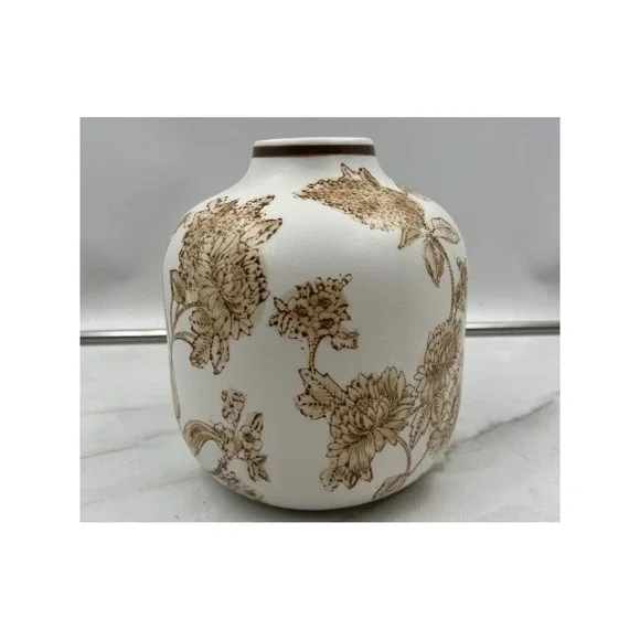 Vintage Style Ceramic Floral Bud Vase White and Brown Botanical Sketch 6.5 Inch