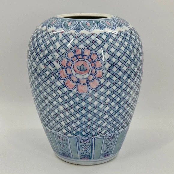 Vintage Blue White Pink Chinoiserie Ginger Jar Vase Ceramic 9