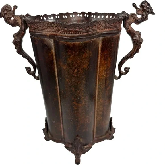 Vintage Ornate Footed Metal Vase Figural Handles Scalloped Rim Aged Patina