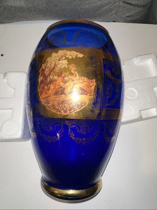 Blue and Gold Decorative Glass Vase with Classical Scene