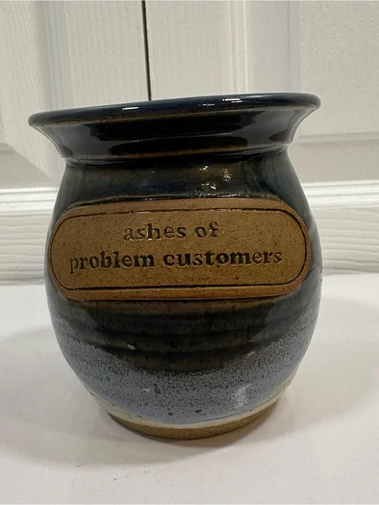 Funny Stoneware Vase Crock “Ashes of Problem Customers” Blue Pottery Decor