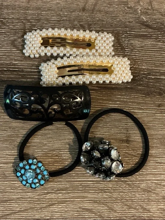 Pearl Hair Barrettes Black Hair Clip Barrette 2 Ponytail Holders Stones Beads