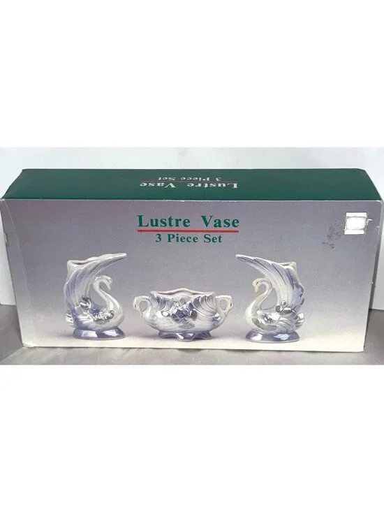 Lustre Vase 3-Piece Set Ceramic Swan Design Iridescent Finish Floral Detailing