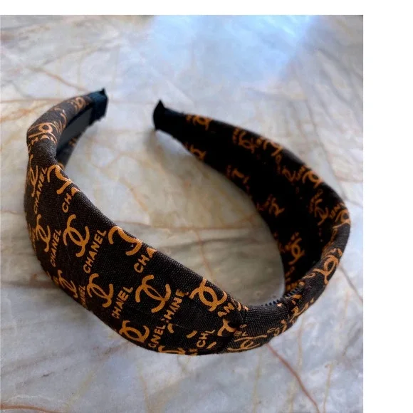 Brown Canvas Logo Print Knotted Headband Gold Tone Motif Accessory