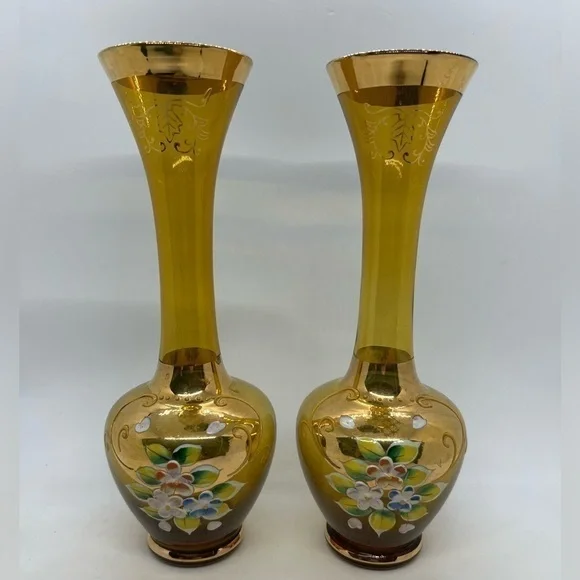 Pair of Vintage Norleans Japan Amber Vases Hand Painted Flowers and Gold Accents