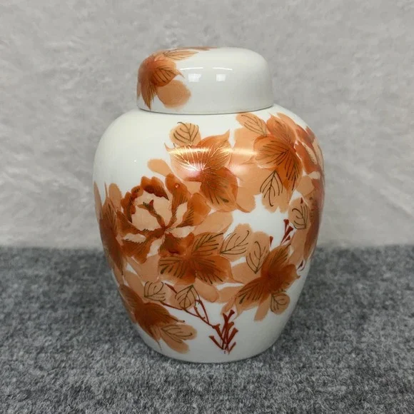 Vintage Asian Ginger Jar Copper Gold Floral Porcelain Lidded Vase Urn 6 In