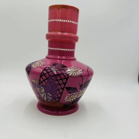 Victorian Aesthetic Pink Opaline Glass Vase Roosters Fighting Daisies Large Rare