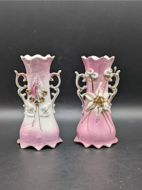 Antique Pair Baroque Vases Porcelain Applied Flowers Pink Gold Accents Germany