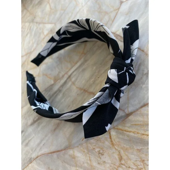 Black White Floral Top Knot Headband Fabric Wrapped Botanical Print Hair Band