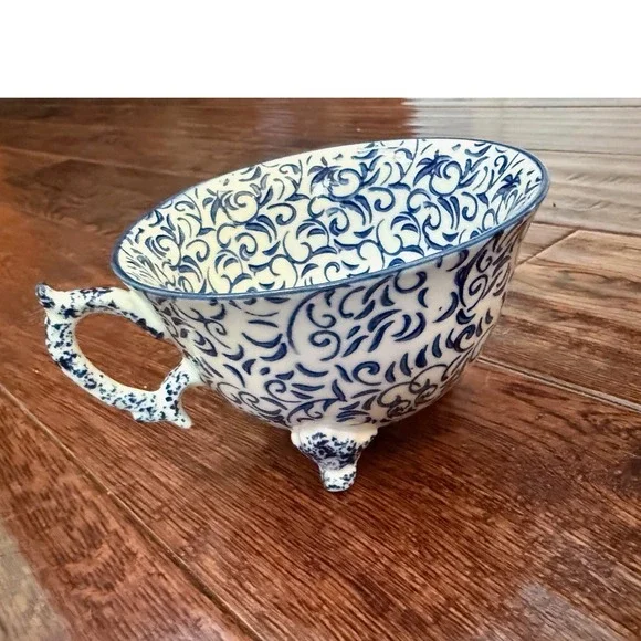 Anthropologie Attingham Collection Blue White Fine Stoneware Footed Cup Planter