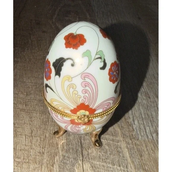 Vtg 60s Trinket Box Decorative Egg Red  Pink Floral Gold Accents