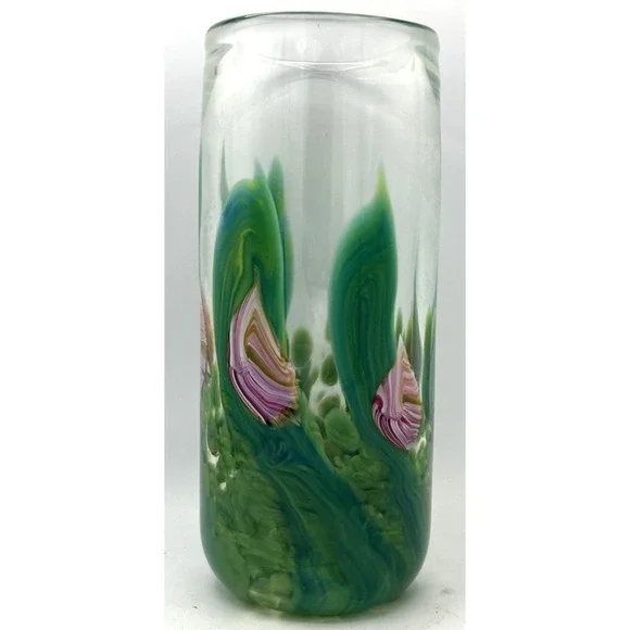 Vtg Signed Fulk & Fulk Vase Blown Clear Glass W/ Incorporated Pink‎ Flowers Vase