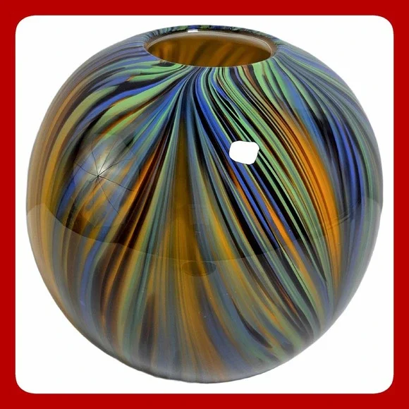 Vintage Hand Blown Art Glass Swirl Sphere Vase Blue Green Amber Feather Orb VTG
