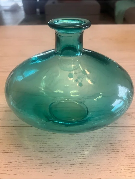 San Miguel Made in Spain Recycled Glass Round Flat Teal Vase- NWT!