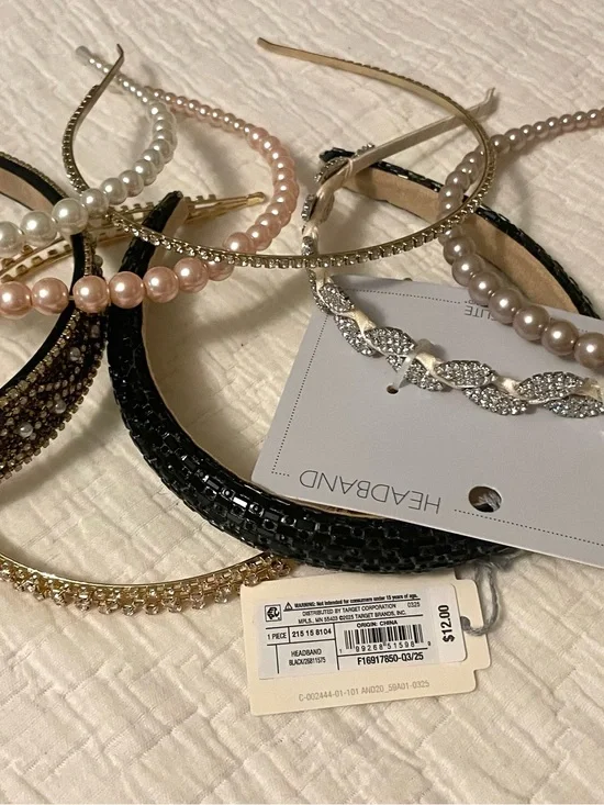 Mixed Decorative Headbands - Pearls, Rhinestones, Black Woven