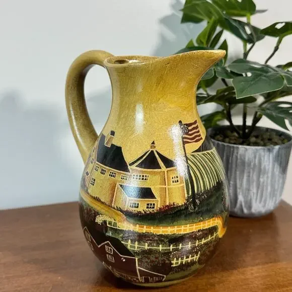 Vintage Colonial Scene Country Pitcher Vase Hand painted Ceramic