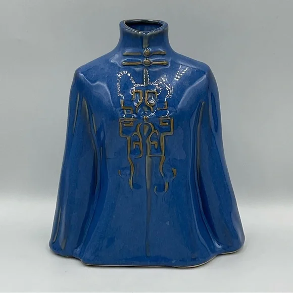 Vintage Blue Glazed Vase- Asian Themed Robe Kimono