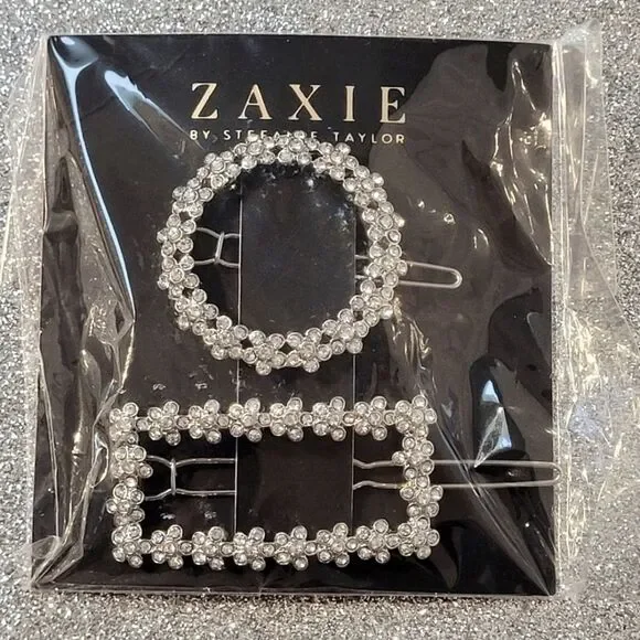 Zaxie Circle and Square Hair Clips Set of 2 Clear Stones in Floral Design New