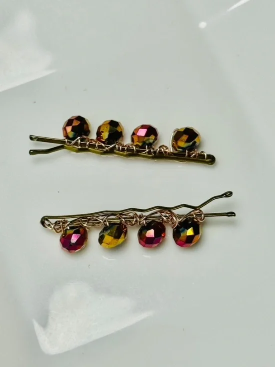 Orange Gold Pink Faceted Metallic Beaded Bobby Pins