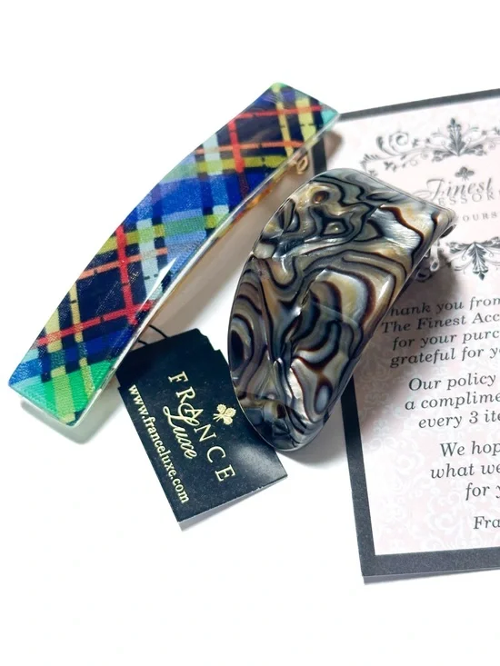 Set of 2 France Luxe Volume Barrette Hair Clips Plaid Tortoiseshell Handmade
