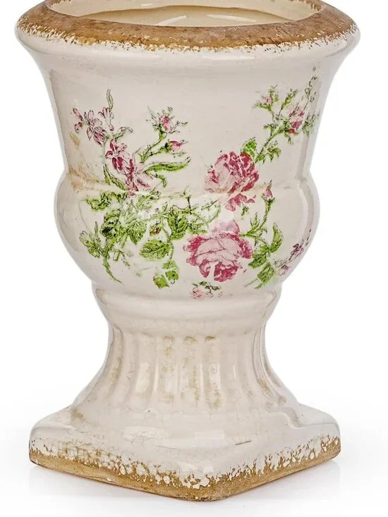 Vintage Pink Floral Ceramic Urn Planter - Decorative Chinoiserie Flower Pot