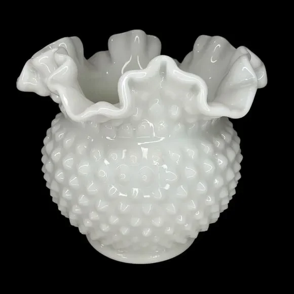 Vintage Milk Glass‎ Cupped Vase Double Crimped Fenton Art Glass Hobnail Shape *