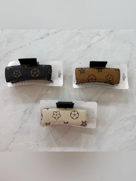 Set of 3 Novelty Monogram Print Padded Hair Claw Clips (Brown/Beige/Tan) - New