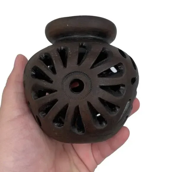 Hand engraved open work floral ceramic vase dark brown	small 3.5