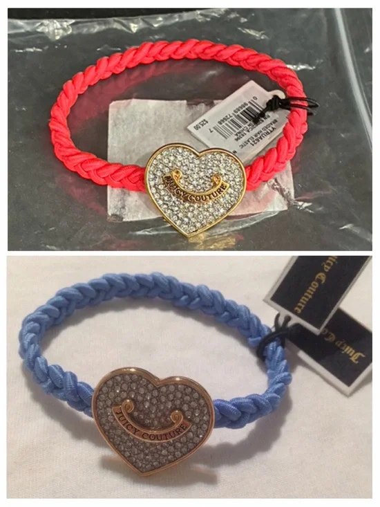 Juicy Couture Silver Crystal Heart Decal Braided Hair Ties Pink Blue Lot Of 2