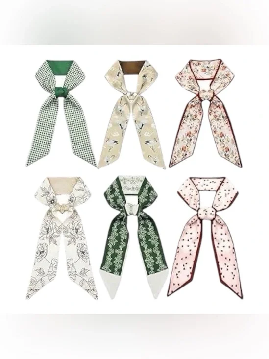 Set of 6 Twilly Scarves Floral Gingham Hair Scarves Purse Handle Wraps NIP