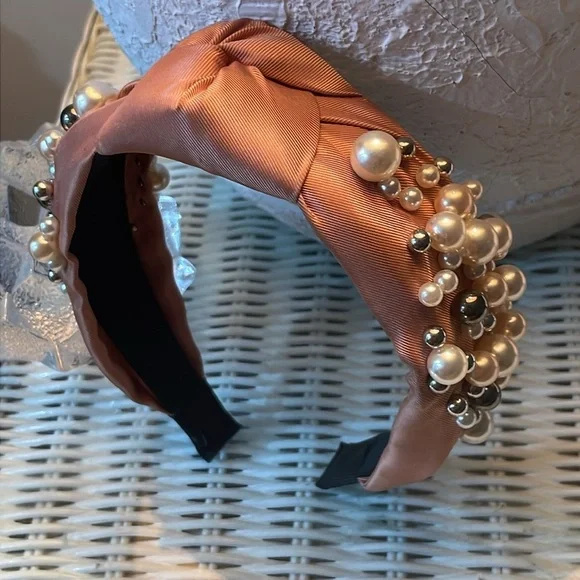 Pink Women's Fashion Wide Faux Pearl Bead Knotted Headband - New