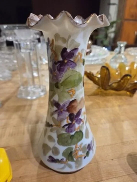 Antique Victorian Bristol Glass Vase, Hand-Painted, Ruffled Top, Rough Pontil