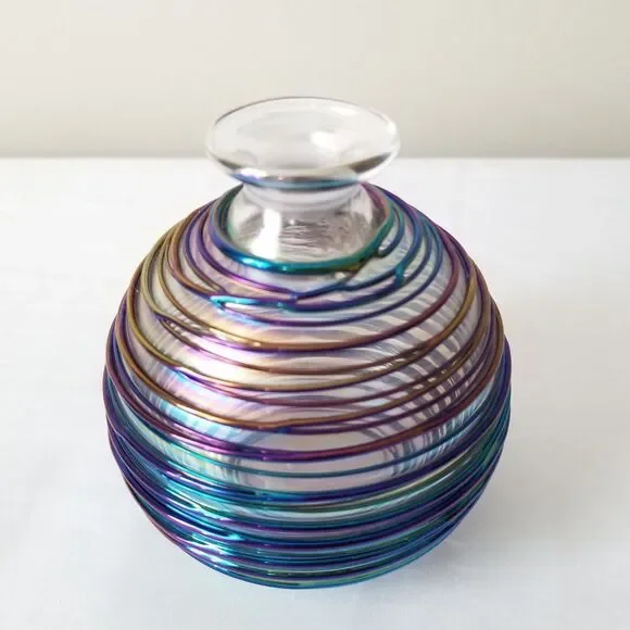 VTG Art Blown Glass Bottle Bud Vase Blue Copper Purple Iridescent Heavy Small